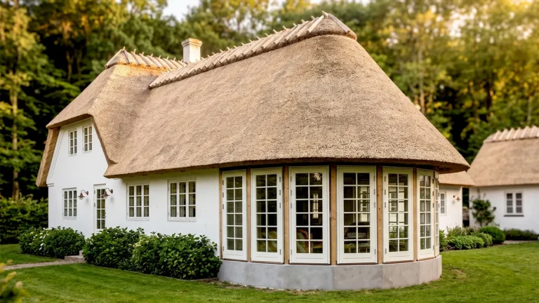 Et idyllisk nybygget hus på Langeland med hvide vægge, stråtag og et markant halvcirkulært vinduesparti. Huset er omgivet af en grøn græsplæne og buske.