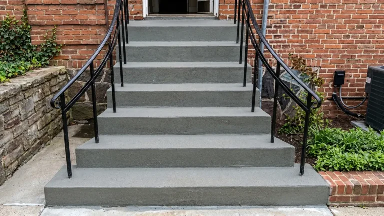 Professionel reparation af betontrappe med sort gelænder, udført i Svendborg.